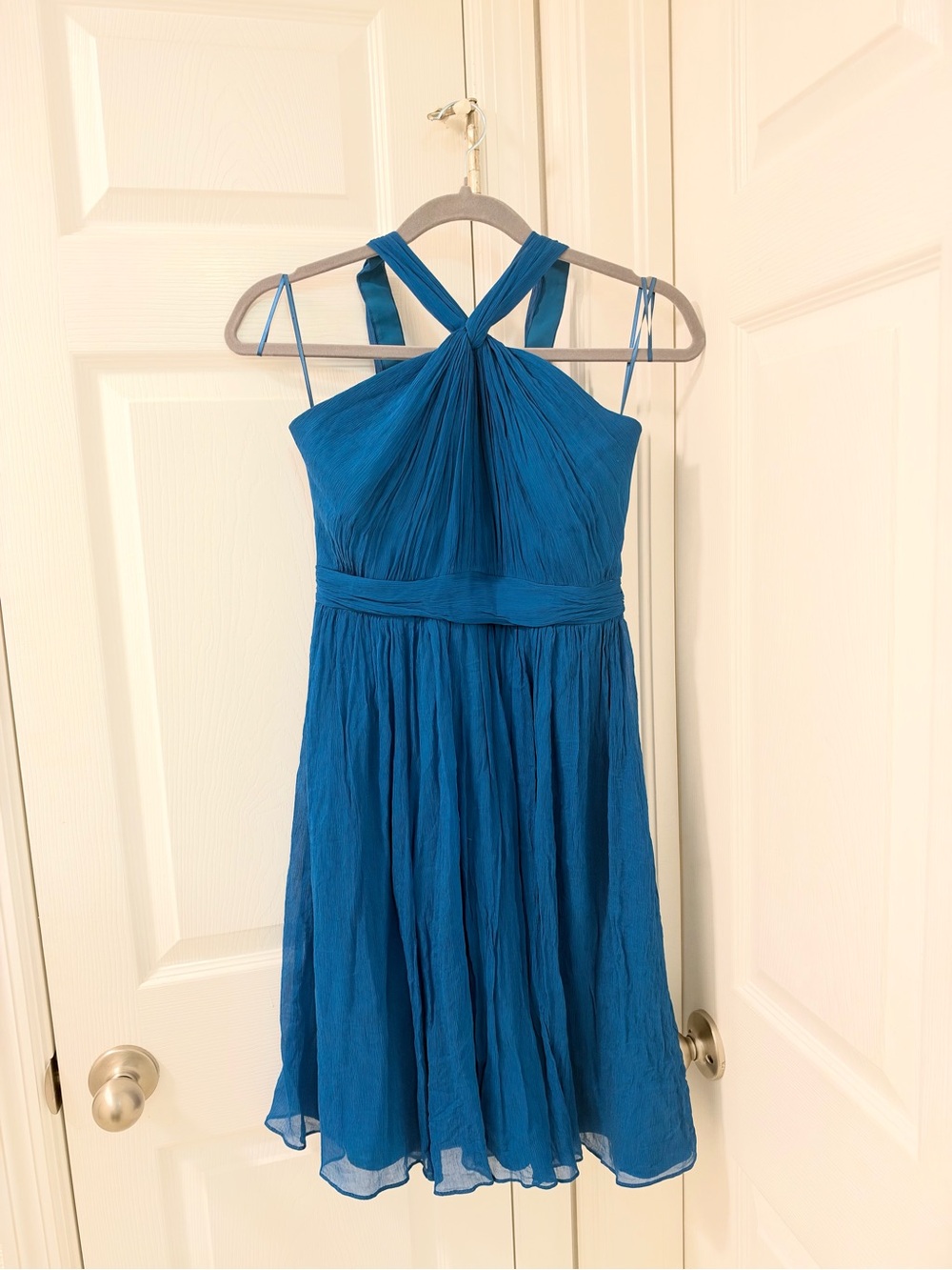 J.crew Jcrew 100% silk chiffon pleated halter neck dress y2k size 2 teal blue